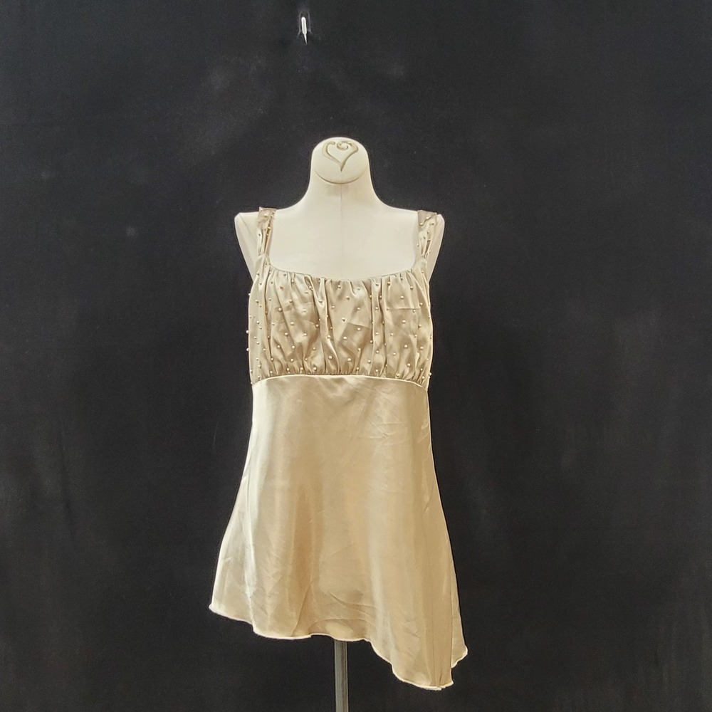 Vtg Self‎ Esteem Y2K Satin Babydoll Top XL Fairy Gold Asymmetric Beaded Princess